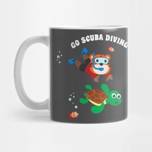 Diving with funny tiger and turtle with cartoon style. Mug